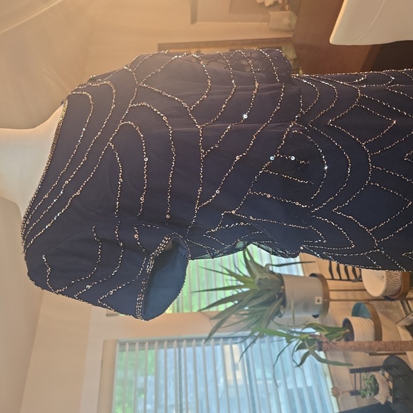 Adrianna Papell Blouson Short Sleeve Embellished Beaded Maxi Gown Navy Size 4 - Picture 7 of 14